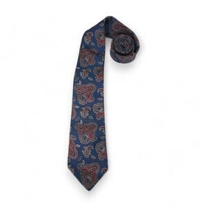 Vintage Johnny Carson Silk Paisley Necktie Navy Blue Red Classic Heritage Tie